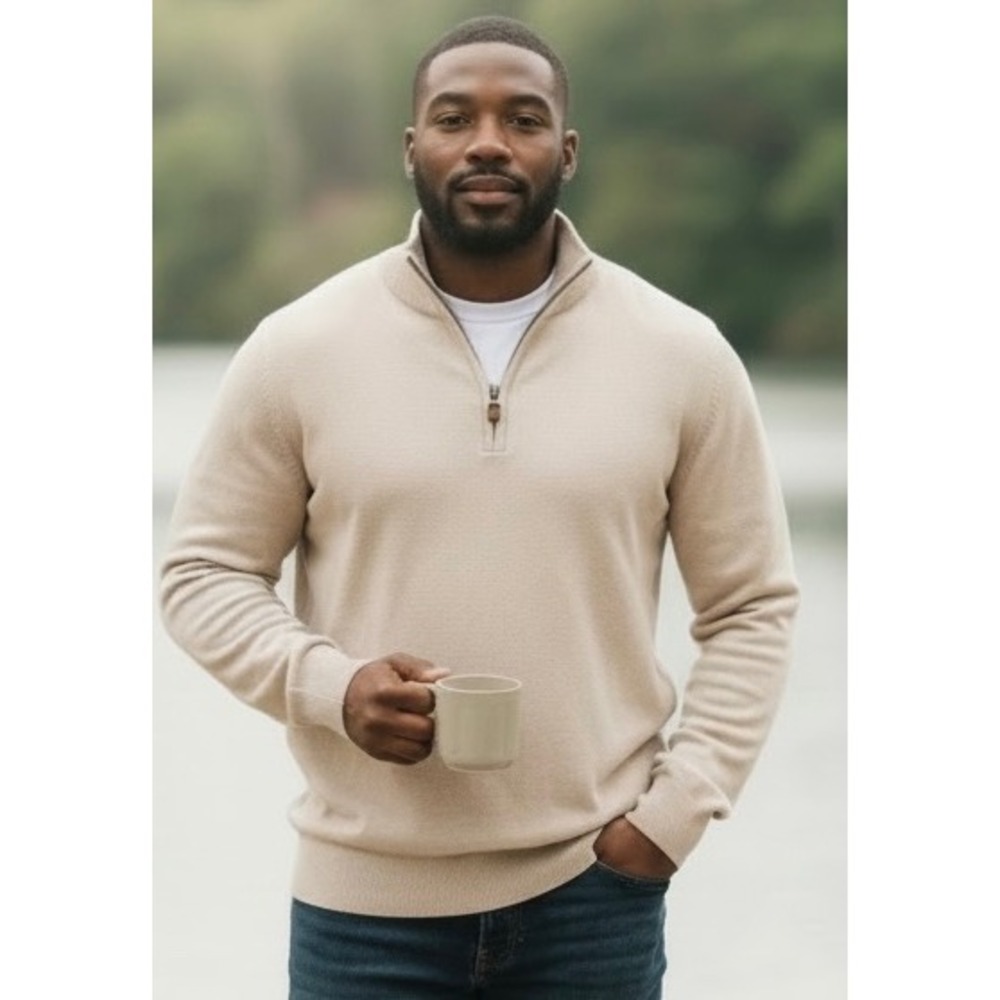 Turtleson Mens Quarter Zip Sweater 100% Extra Fine Merino Wool Beige XL
